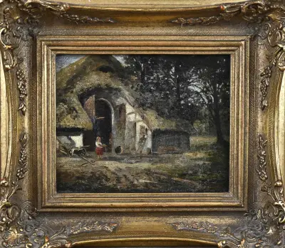 Schilderij, Meisje met stro bij vakwerk-boerderij – kavel bij Twents Veilinghuis