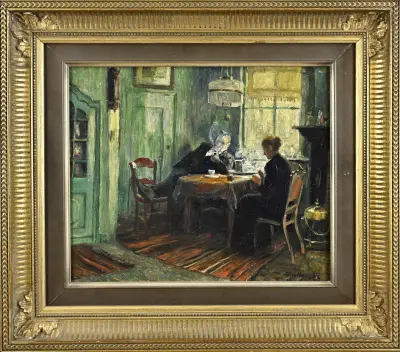 Frans Nackaerts, Interieur met figuren – kavel bij Twents Veilinghuis