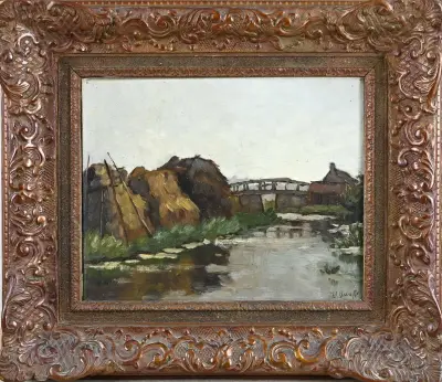 Mogelijk Victor Bauffe, Landschap met hooimijten – kavel bij Twents Veilinghuis