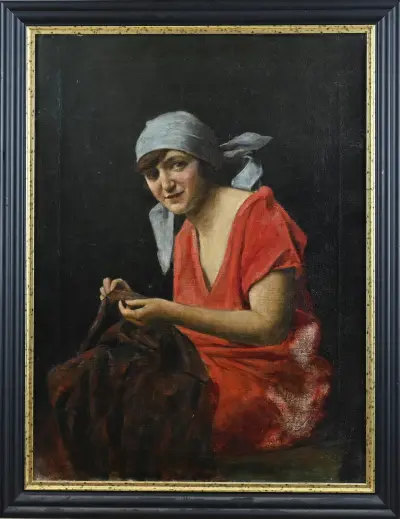 Schilderij, Handwerkende dame – kavel bij Twents Veilinghuis