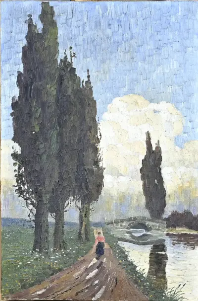 Schilderij, Vrouw in landschap – kavel bij Twents Veilinghuis