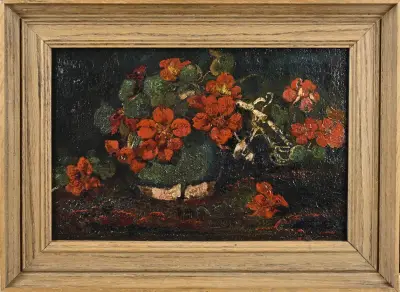 Schilderij, Gemberpot met bloemen – kavel bij Twents Veilinghuis