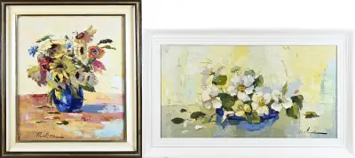 2x Schilderij, Vaas met bloemen + Bloemstilleven – kavel bij Twents Veilinghuis