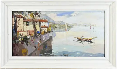 Schilderij, Havengezicht Lugano (Italië) – kavel bij Twents Veilinghuis