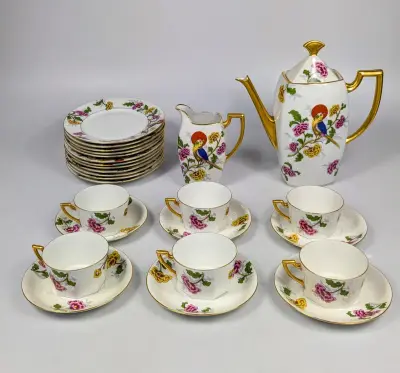 Art Deco Porselein Limoges Madesclaire Pillivuyt Paradijsvogel servies – kavel bij De Kringwinkel, Sint-Niklaas