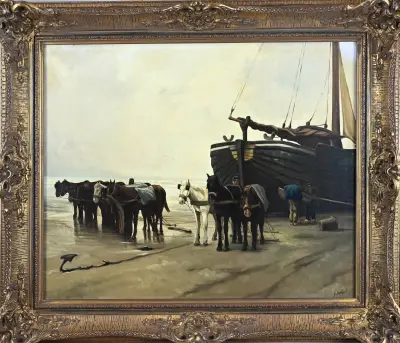 Jan Beekhout, Paarden op strand met vissersvolk – kavel bij Twents Veilinghuis
