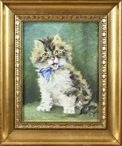 Schilderij, Kitten met blauwe strik – kavel bij Twents Veilinghuis