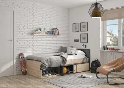 Bed met opbergruimte Quinten 90x200 - lichte Kronberg eik/zwart – kavel bij Openbare Verkopen, Beveren-Leie