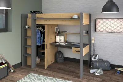 Hoogslaper met bureau Hervé 90x200 - artisan eik/grijs – kavel bij Openbare Verkopen, Beveren-Leie