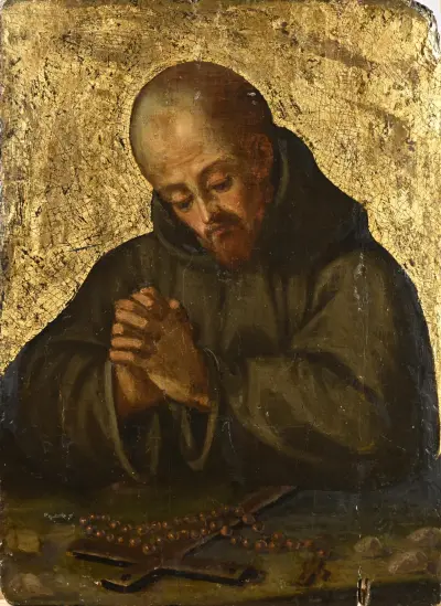 Religieus schilderij biddende man (Spanje) – kavel bij Twents Veilinghuis