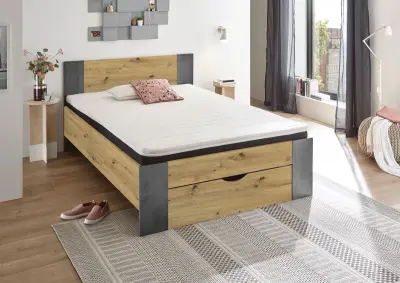 Bed Rudi 140x200 met 1 lade - oude eik/beton – kavel bij Openbare Verkopen, Beveren-Leie