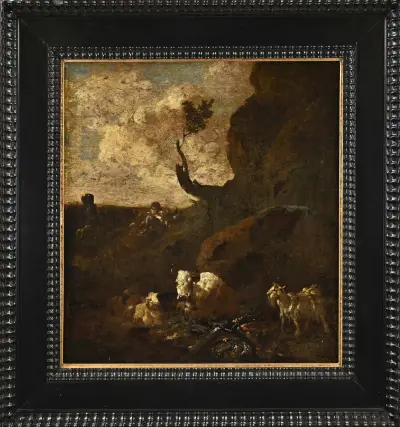 Schilderij, Landschap met herder en vee – kavel bij Twents Veilinghuis
