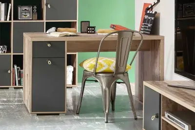 Bureau Moleskin 130 cm met 1 deur & 1 lade - antraciet/old style – kavel bij Openbare Verkopen, Beveren-Leie