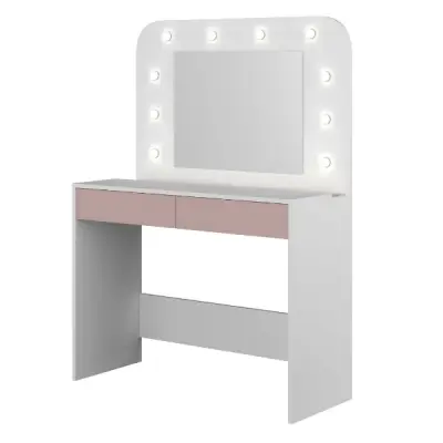 Kaptafel Holly met spiegel en verlichting 2 lades spaanplaat - wit/roze – kavel bij Openbare Verkopen, Beveren-Leie