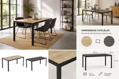 Eettafel Colin | 80 x 160 x 75 cm | Omkeerbaar tafelblad | Oak-/Stone-design – kavel bij Openbare Verkopen, Beveren-Leie
