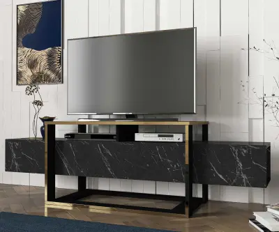 Bianco TV-meubel | 100% MELAMINE | Zwart, Goud – kavel bij Openbare Verkopen, Beveren-Leie