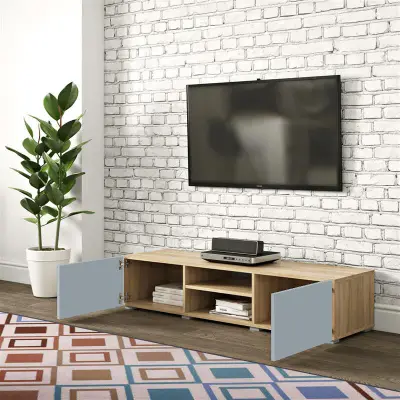Tv-meubel Polka 140 cm 2 draaideuren, 2 open vakken- eik/celadon grijs – kavel bij Openbare Verkopen, Beveren-Leie