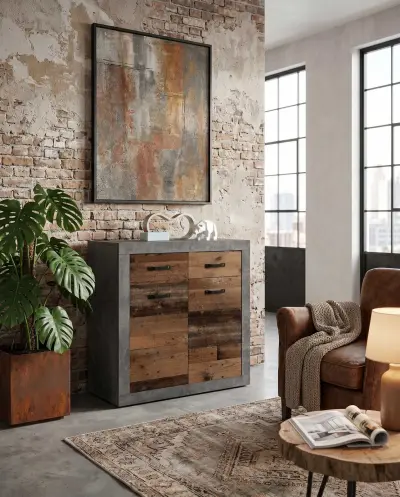 Commode Taro 2 deuren en 2 lades - beton/oud hout – kavel bij Openbare Verkopen, Beveren-Leie