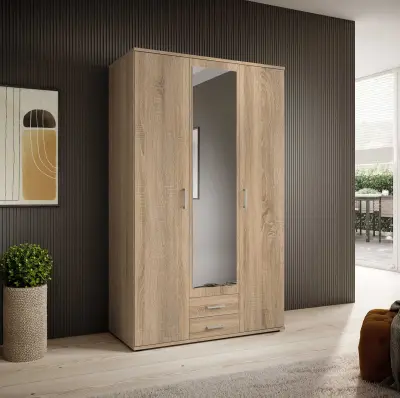 Kledingkast Daniela 120cm met 3 deuren 2 lades & spiegel - eik – kavel bij Openbare Verkopen, Beveren-Leie