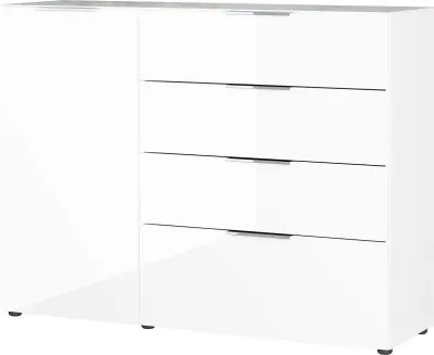Dressoir Dudek 134cm met 4 lades & 1 deur - wit – kavel bij Openbare Verkopen, Beveren-Leie