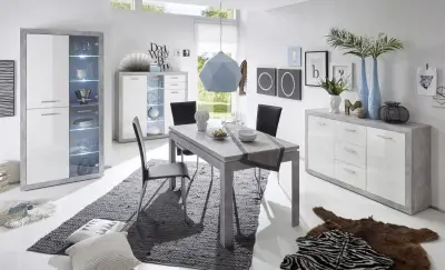 Dressoir Inga 147 cm met 2 deuren & 3 lades - beton/wit – kavel bij Openbare Verkopen, Beveren-Leie
