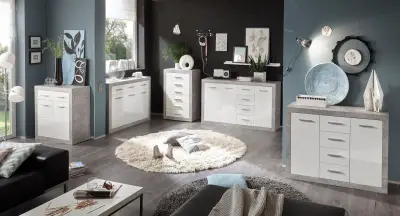 Dressoir Inga 152 cm met 3 deuren & 4 lades - beton/wit – kavel bij Openbare Verkopen, Beveren-Leie