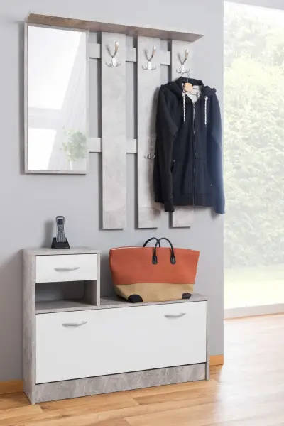 Vestiaire Rudolf (kapstok, spiegel & schoenenkast) - beton/wit – kavel bij Openbare Verkopen, Beveren-Leie