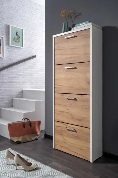 Schoenenkast Fulda 4 laden - wit/eik – kavel bij Openbare Verkopen, Beveren-Leie