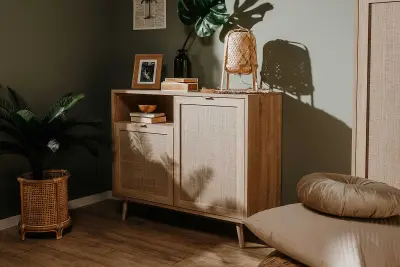 Commode Bilal 102cm 2 deuren - eik/geprint rafia – kavel bij Openbare Verkopen, Beveren-Leie