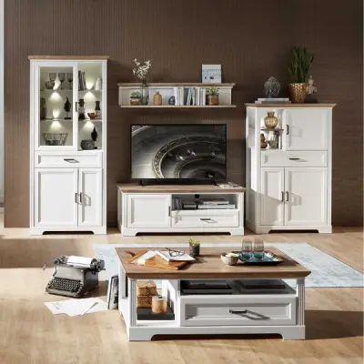 Vitrinekast Samine 93cm 3 deuren & 1 lade - wit/eik – kavel bij Openbare Verkopen, Beveren-Leie