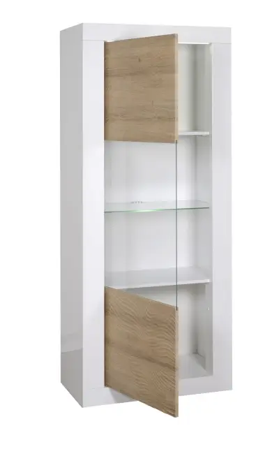 Vitrinekast Kaia 80cm 1 deur - hoogglans wit/eik – kavel bij Openbare Verkopen, Beveren-Leie