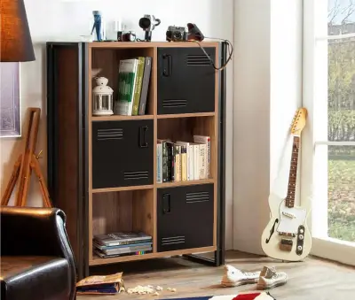 Boekenkast Sapphire - 89x35x127cm - 3 deuren - zwart metaal/eikdecor – kavel bij Openbare Verkopen, Beveren-Leie