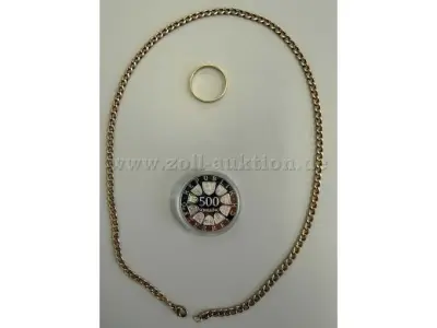 1 Konvolut aus 1 Goldkette 333'er, 1 Goldring in 585'er Gold und 1 Silbermünze 925 – kavel bij Zoll-Auktion, Hannover