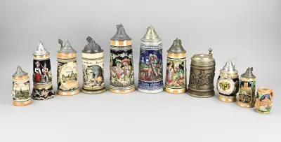 Lot bierpullen met tinnen deksel (11x) – kavel bij Twents Veilinghuis