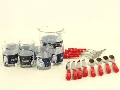 Vintage Coca-Cola set – 7 glazen, ijsemmer/koeler & 12-delig bestek met flesvormige handgrepen – kavel bij De Kringwinkel, Antwerpen