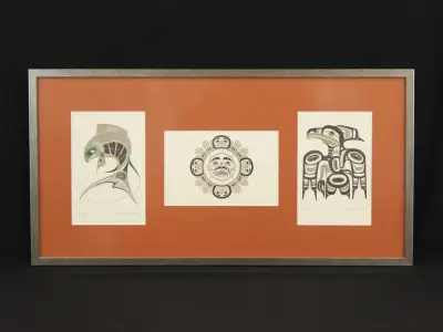 Canadese Inheemse Northwest Coast/First Nations Kunst - Ingelijst Drieluik (Gesigneerd) – kavel bij De Kringwinkel, Antwerpen