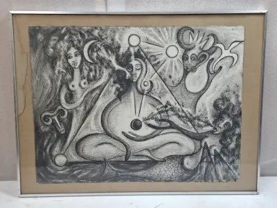 Grote Vintage Inktschets/Houtskooltekening (1974) – Symbolisch Surrealisme – kavel bij De Kringwinkel, Waardamme