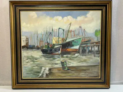 Olieverfschilderij A. Peere vissershaven Zeebrugge in zwart-gouden lijst – kavel bij De Kringwinkel, Waardamme