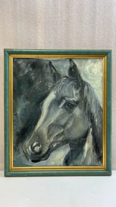 Olieverfschilderij paardenhoofd E. Doye portret in groen gouden lijst – kavel bij De Kringwinkel, Waardamme
