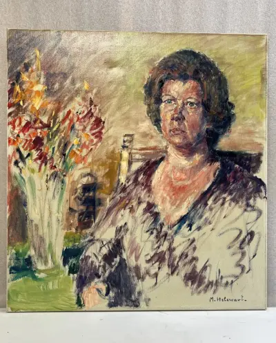 Olieverfschilderij M. Helewaut portret vrouw met bloemenvaas op spieraam – kavel bij De Kringwinkel, Waardamme