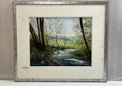 Olieverfschilderij M.L. De Coninck rivierlandschap in houten lijst met passe-partout (1991) – kavel bij De Kringwinkel, Waardamme
