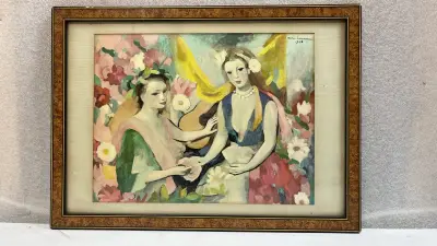 Kunstdruk Marie Laurencin twee vrouwen met gitaar 1948 in kader – kavel bij De Kringwinkel, Waardamme