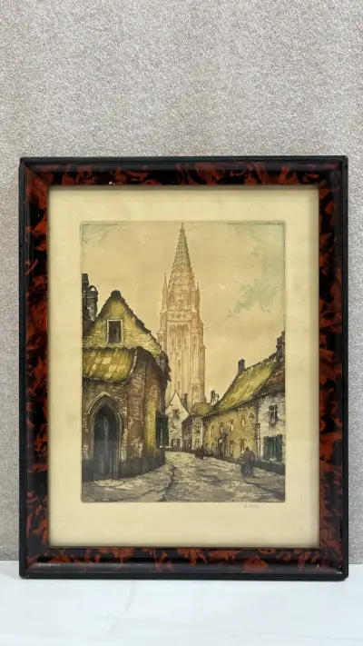Ets Bellon Brugge stadsgezicht Onze-Lieve-Vrouwekerk in kader – kavel bij De Kringwinkel, Waardamme