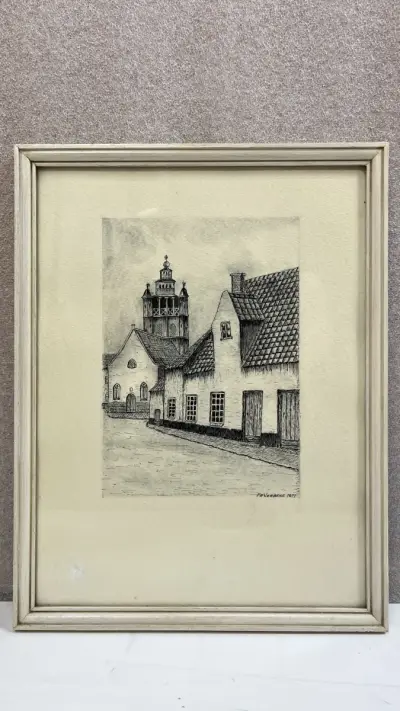 Tekening Fr. Verbeke historisch stadsgezicht 1977 in kader – kavel bij De Kringwinkel, Waardamme