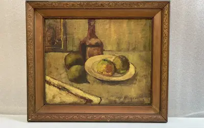 Schilderij F. Herpelinck stilleven met flacon en fruit in bewerkte kader – kavel bij De Kringwinkel, Waardamme