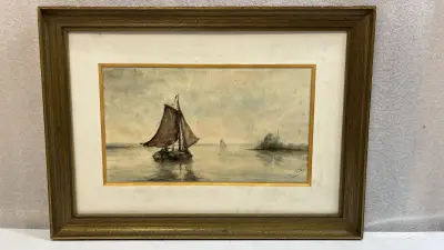 Aquarel H. van de Velde maritiem gezicht met zeilboot in kader – kavel bij De Kringwinkel, Waardamme