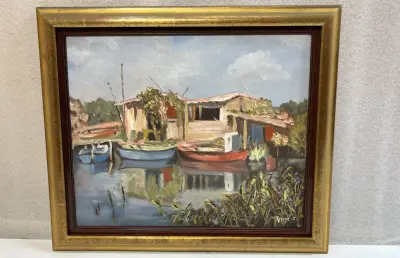 Schilderij Rouyer M.Th Cabanon Camargue olieverf op doek in kader – kavel bij De Kringwinkel, Waardamme