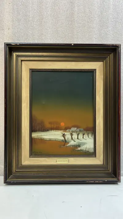 Schilderij Paul Boonaert winterlandschap 1976 met knotwilgen in klassieke kader – kavel bij De Kringwinkel, Waardamme