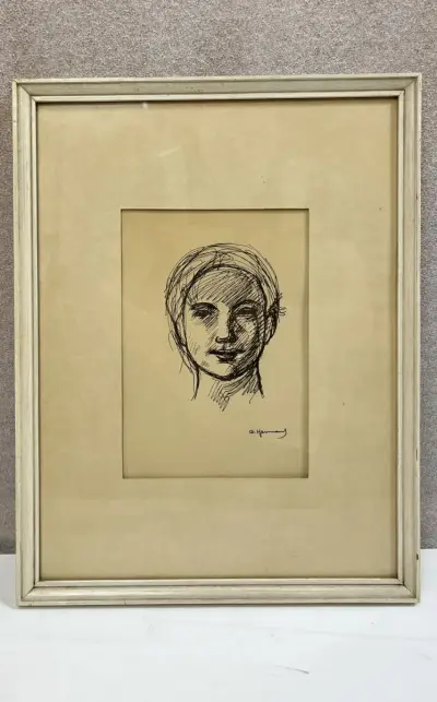 Portrettekening inkt vrouw C. Hermans ingelijst vintage kunstwerk – kavel bij De Kringwinkel, Waardamme