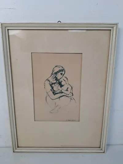 Vintage Tekening "Moeder en Kind" – Handgesneden/Handgesigneerd G. Hermans – kavel bij De Kringwinkel, Waardamme